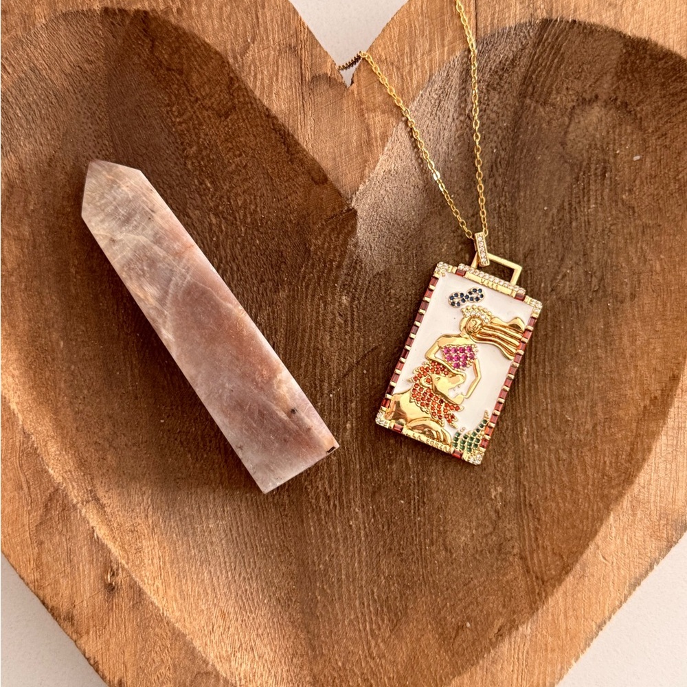“La Forza” Leo Strength Card, Gold and Multicolor Pendant Necklace